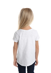 Little girl in t-shirt on white background, back view