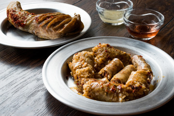 Turkish Food Minced Meat and Rice Stuffed Tripe Mumbar Dolma with Sirdan / Shirdan Dolmasi.