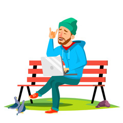 Freelance, Man Sitting On Bench In The Park With Laptop Vector. Isolated Illustration