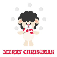 cartoon cute sheep black with scarf and snowball and christmas text