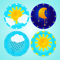 Kids weather icons set with moon, sun  and rain clouds . cute cartoon icons set for children and babies for print and web decoration.