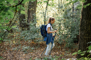 Beautiful young woman with nordic walking sticks on hike in forest