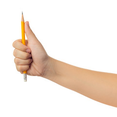 Human hand in reach out one's hand and holding yellow pencil gesture isolate on white background with clipping path, Low contrast for retouch or graphic design