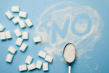 Sugar Cubes, Spoon And Letters NO On The Pastel Blue Background. Concept Of Sweet Drinks, Diet,...