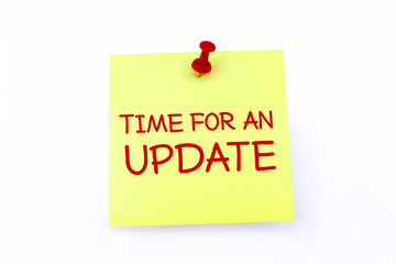 Yellow Sticky Note With Red Pin - Time For An Update - Reminder With Shadow Isolated On White...