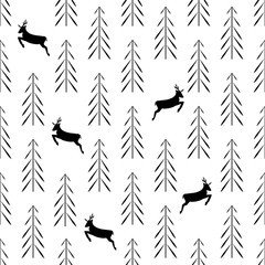 Black christmas tree and deer seamless pattern. Fashion graphic background design. Modern stylish abstract texture. Monochrome template for prints, textiles, wrapping, wallpaper. Vector illustration.
