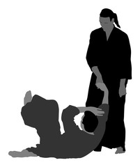 Fight between two aikido fighters vector symbol illustration. Sparring on training action. Self defense, defence art excercising concept. Karate and aikido fighters. Traditional warriors skills.