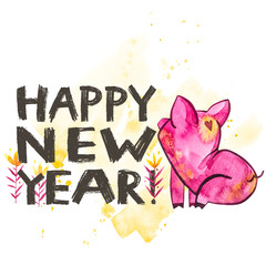 Cute pig with creative 2019 New Year lettering. Symbol of the year in the Chinese calendar. Isolated. Watercolor illustration.