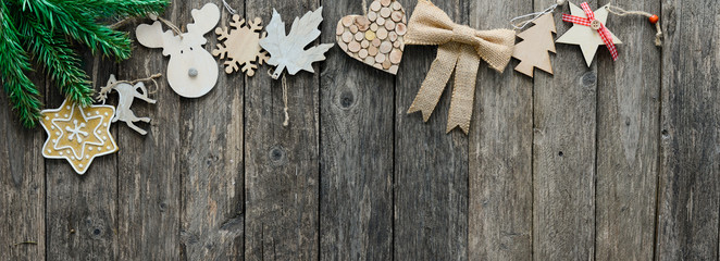 christmas wooden and natural decoration ornament wide horizontal banner with copyspace