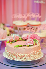 Sweet cake on a festive buffet. Cake on the table in the restaurant.