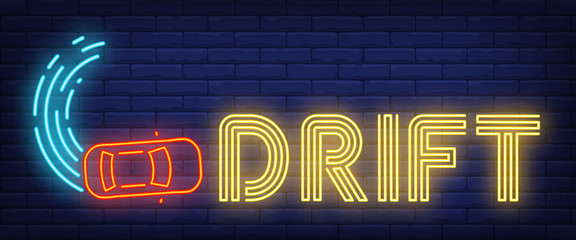 Drift neon sign. Racing car on brick background. Autocross, street race, car race. Night bright advertisement. Vector illustration in neon style for transportation, sport, competition © RedlineVector