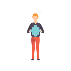 Young man holding jigsaw puzzle element, businessman having idea vector Illustration on a white background