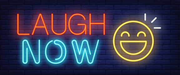 Laugh now neon sign. Happy emoji on brick background. Happiness, joke, humor. Night bright advertisement. Vector illustration in neon style for emotion, entertainment, attitude
