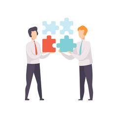 Businessmen connecting puzzle elements, teamwork and partnership concept vector Illustration on a white background