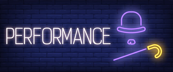 Performance neon sign. Hat, cane and moustache. Theater, comedy, show. Night bright advertisement. Vector illustration in neon style for entertainment, leisure, nightlife