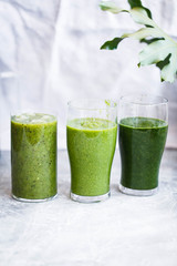 Variety green smoothie glass green vegetable and fruits smoothie