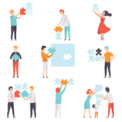 People connecting puzzle elements set, men, women and kids putting jigsaw puzzles vector Illustration on a white background
