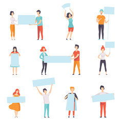 People holding blank banners set, promotion, advertising or peace protest concept vector Illustration on a white background
