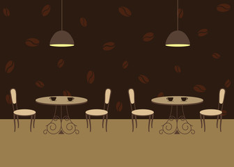 Interior of a cafe with beige furniture on coffee beans wallpaper background. There are two tables and chairs in the image. There are also lamps here. Vector illustration