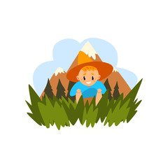 Cute boy sitting in the grass, kid enjoying summer vacation in countryside landscape vector Illustration on a white background