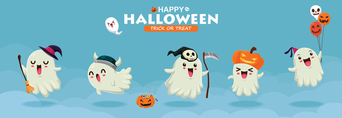 Fototapeta premium Vintage Halloween poster design with vector witch, ghost, demon, Jack O Lantern, reaper, monster character. 