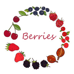 doodle wreath with hand drawn berries - cherry, strawberry, raspberry,cranberry, 