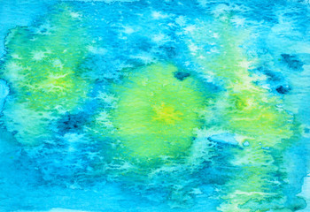 Fototapeta na wymiar Nautical watercolor background. Watercolor abstraction painted by hand. Turquoise blue color with splashes.