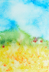 Fototapeta na wymiar Watercolor abstraction of yellow, green and blue flowers. Drawn by hand. Watercolor effect.