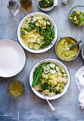 Lunch box food green veggies salad with white rice avocado sauce vegan food alcaline dieting wieght loss keto diet concept 