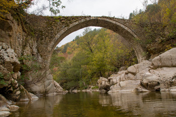 Fototapeta na wymiar Traditional old stone bridge on river in Greece