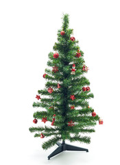 Christmas fir tree with colorful lights and decorations.