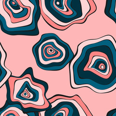 Abstract Hand Drawn Seamless Pattern with Wavy Colorful Circles in Ethnic Style. Vector Psychedelic Background with Deformed Rounds or Spots. Wavy Seamless Pattern for Fabric, Textile, Cloth Design.