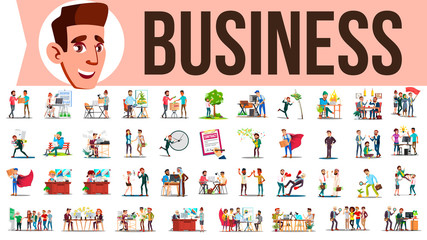 Business People Set Vector. Meeting, Talking, Communicating, Discussion, Person Working Together. Lifestyle Office Situations. Illustration