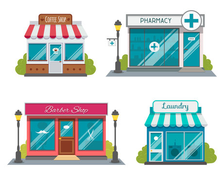 Set of flat shop building facades icons. Vector illustration for local market store house design. Shop facade building, street front commercial market for your design.