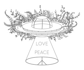 UFO spaceship. Unidentified flying object with light beam, flowers and hippie peace symbol. Peace, love sign. Design concept for tattoo, banner, card, t-shirt, print, poster. Vector illustration