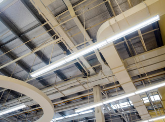 Ceiling mounted Lamps pipes and air ducts and communication system