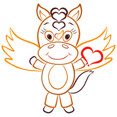 Cheerful little winged unicorn holds a red heart