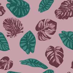 Vector Tropic Seamless Pattern. Philodendron and Alocasia Leaves. Hand Drawn Jungle Foliage in Watercolor Style. Exotic Background. Seamless Tropic Leaf for Textile, Cloth, Fabric, Decoration, Paper.