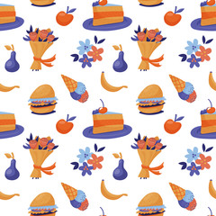 Seamless pattern with fast food - cake, burger, ice cream and fruit, cute flat style vector illustration on white background. Cake, burger, ice cream, apple, pear and banana - cute seamless pattern