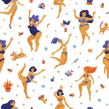Seamless pattern with happy slim, plus size women in bikini, swimming suits dancing, flat vector illustration on white background. Body positive, girl power seamless pattern with happy dancing women
