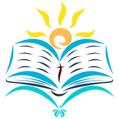 Open Bible with a cross, flying bird and shining sun