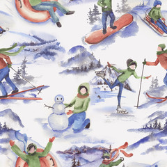 Hand drawn watercolor seamless pattern of winter activities. Repeated illustration of winter sport, vacation, games on the white background