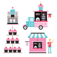 Sweet Food business design elements Icons collection coffee machine Cupcakes Muffins car Truck
