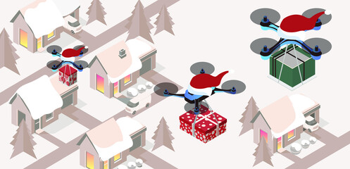 Purchase and send a Christmas gift . Delivering by drones to doors. Gifts in bright boxes. Christmas sale. Winter houses in town or village. isometric 3d