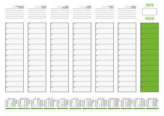 Week planning. Template for layout of the week diary planner for 2019 year. Design office book to every day with page templates, personal data and calendar data made in program for typesetting