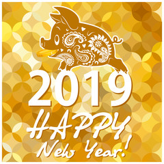 Fototapeta premium Yellow pig holding a coin. Gold background