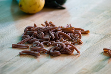 Brown organic spelt pasta: healthy food close up