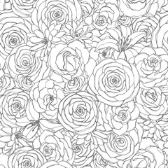 Vector seamless pattern with rose, lily, peony and chrysanthemum flowers line art on the white background. Hand drawn floral repeat ornament of blossoms in sketch style. Usable for coloring books. - 229552533