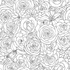 Wall murals Roses Vector seamless pattern with rose, lily, peony and chrysanthemum flowers line art on the white background. Hand drawn floral repeat ornament of blossoms in sketch style. Usable for coloring books.