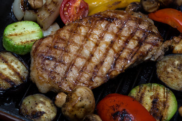 Cooking steak and mushrooms on the grill pan